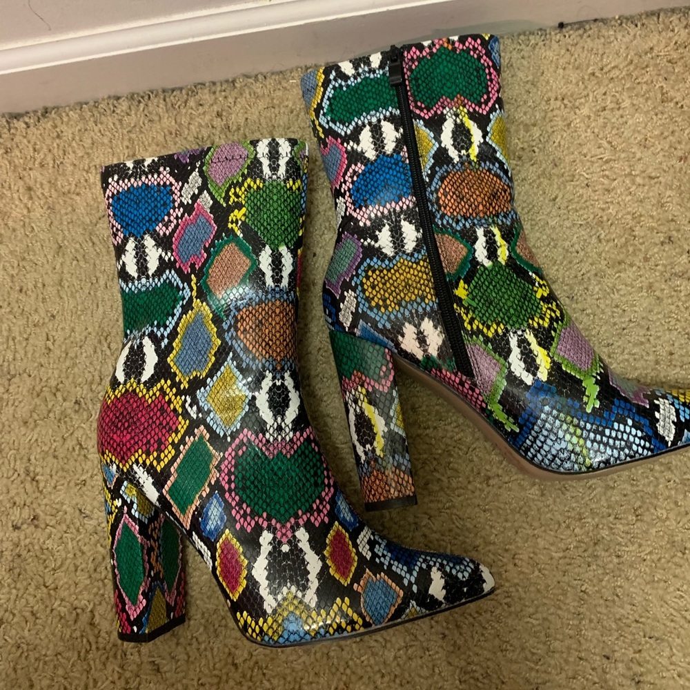 Multicolor snakeskin ankle boots